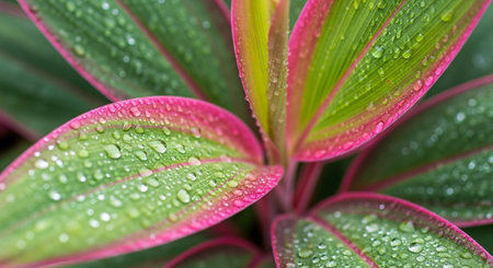 Water droplets on the leaves of a tropical plant after the rainの写真素材
