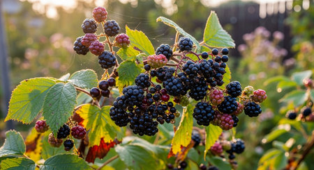 Ripe blackberries on a branch in the garden at sunset.の写真素材