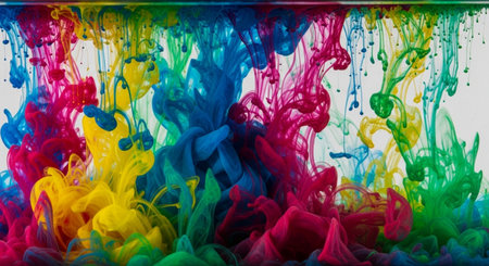 Abstract background of colorful ink splashing in water isolated on white backgroundの写真素材