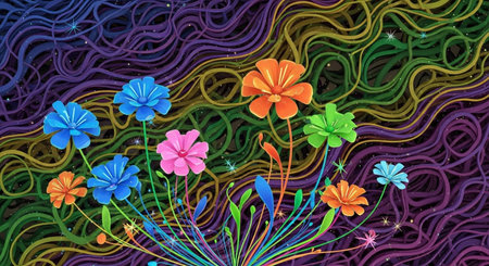 Abstract floral background with colorful flowers and curved lines. Vector illustration.の写真素材