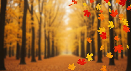 Autumn forest background with falling maple leaves. 3D illustration.の写真素材
