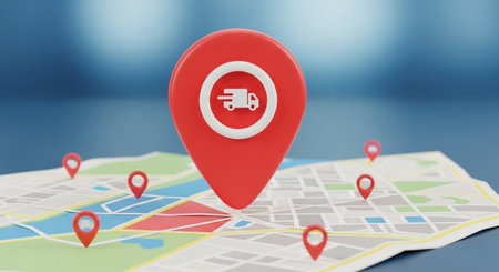 3D rendering of a location pin on a map with a delivery truckの写真素材