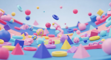 3d illustration of multicolored geometric shapes on a blue backgroundの写真素材