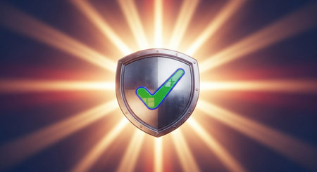 Digital composite of Shield with check mark and flare. Cyber security conceptの写真素材