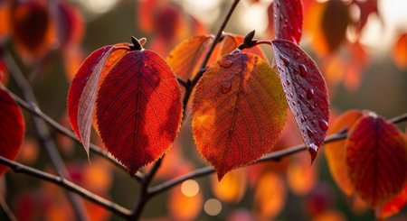 Autumn leaves in the sunlight. Beautiful autumn background with red leaves.の写真素材