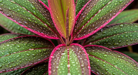 Water droplets on the leaves of ornamental plants in the gardenの写真素材