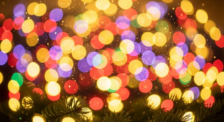 Christmas background with bokeh defocused lights and fir tree branchesの写真素材