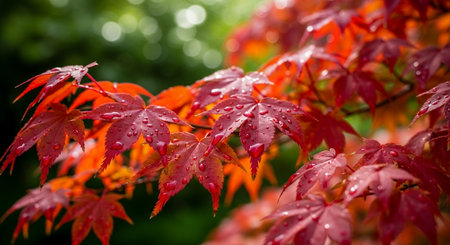 Red maple leaves with water drops in the autumn season. Selective focus.の写真素材