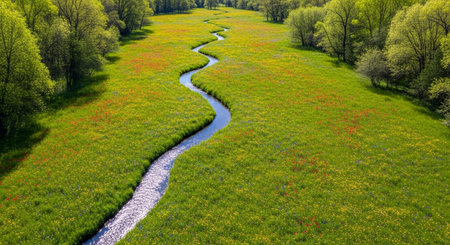 Aerial view of a small river flowing through a spring meadowの写真素材