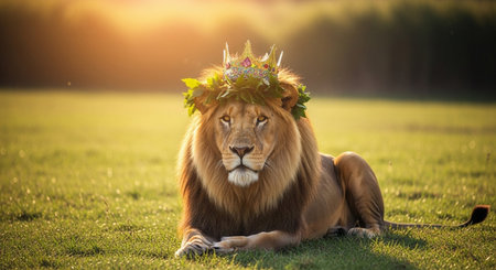 Lion in a wreath of flowers on a green meadowの写真素材