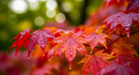 Autumn maple leaves with water drops on bokeh background.の写真素材