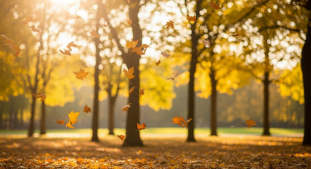 Autumn leaves in the park with sunbeams and lens flareの写真素材