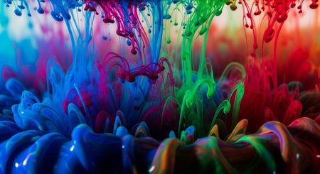 abstract background of colored paint splashes on a black background.の写真素材