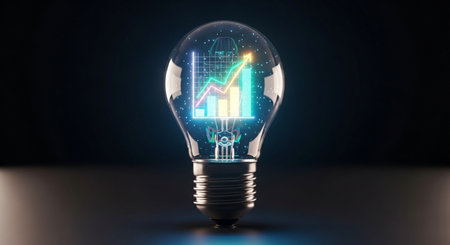 Glowing lightbulb with business graph inside on dark background 3D rendering