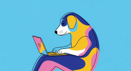 Illustration of a dog with a laptop on a blue background.の写真素材
