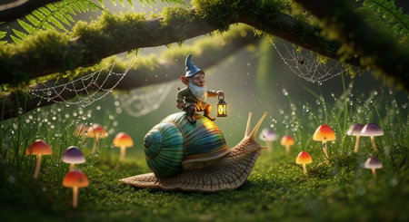 Garden snail with a lantern in the forest. 3d rendering.の写真素材