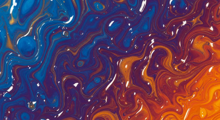 Marbled blue and orange abstract background. Liquid marble ink pattern.の写真素材