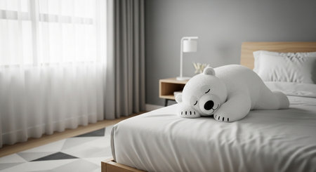 White bear sleeping on the bed in the bedroom. 3d renderingの写真素材