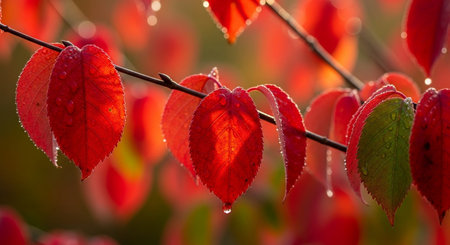 Red leaves with dew drops on the branches of a tree in autumnの写真素材