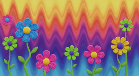 Illustration of a colorful background with flowers and stripes, with space for textの写真素材