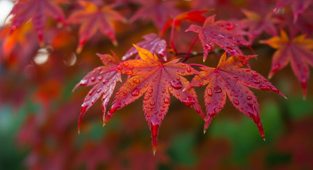 Red maple leaves with dew drops in autumn season, Japan.の写真素材