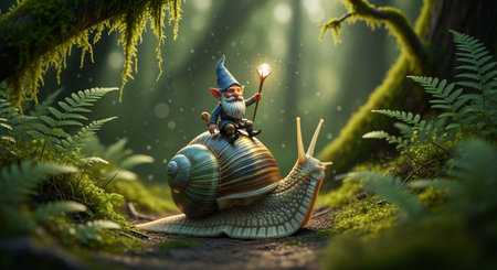 Garden snail and gnome in the forest. 3d renderingの写真素材