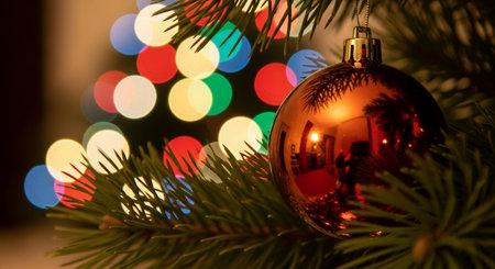 christmas decoration on the christmas tree and colorful bokeh backgroundの素材