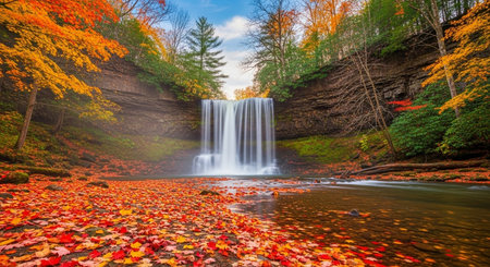 Waterfall in autumn forest. Colorful foliage and waterfall in fall season.の素材