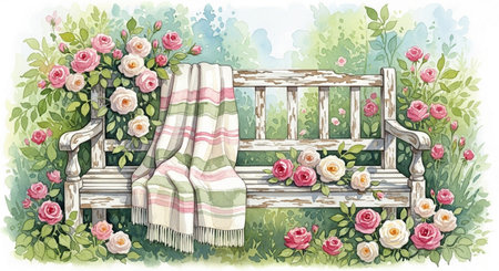 Wooden bench in the garden with pink roses. Vector illustration.の素材