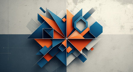 3d rendering of abstract geometric shapes in blue, orange and yellow colorsの写真素材