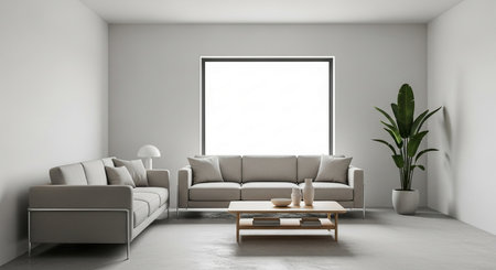 Interior of modern living room with white walls, concrete floor, gray sofa and coffee table. 3d renderの素材