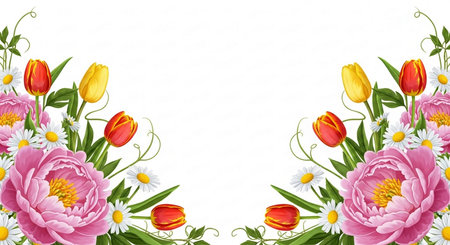 Spring flowers background with tulips and chamomiles. Vector illustration.の写真素材
