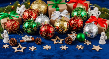 Christmas ornaments and decorations on blue background. New Year and Christmas.の写真素材