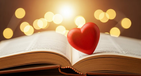 Open book with red heart on bokeh background. Love conceptの素材