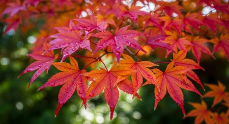 Autumn maple leaves with water drops in the morning, Japan.の写真素材