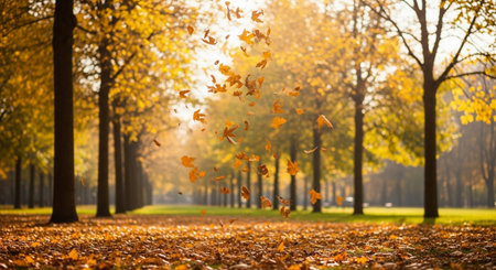 Autumn leaves flying in the air in a park. Autumn backgroundの写真素材