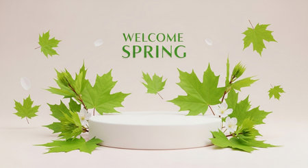 White podium with green leaves and flowers on white background with text Welcome Spring.