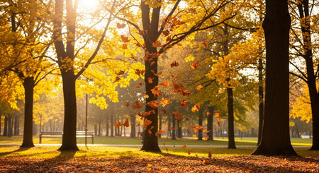 Autumnal park in the rays of the setting sun. Autumn landscape.の写真素材
