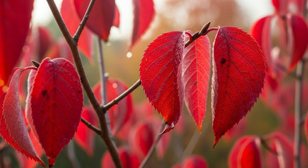 Red leaves of a dogwood tree in the autumn garden on a sunny dayの写真素材