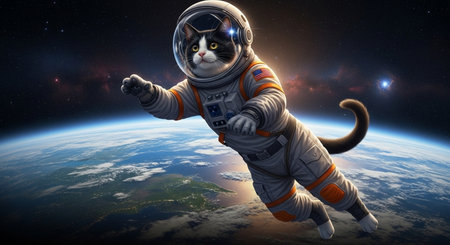 Cat astronaut in space. Mixed media.の写真素材