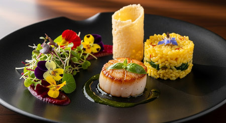 Scallops with risotto and edible flowers on a black plate