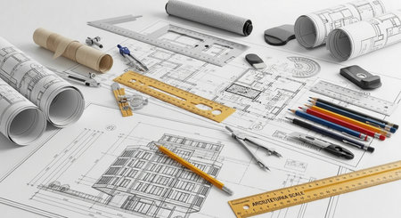 Panorama of spring meadow with blooming poppies and treesの写真素材