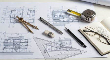 Architectural plans and equipment on the table. Architectural project