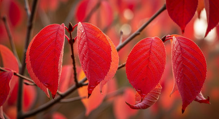Autumn red leaves on a tree in the garden. Autumn backgroundの写真素材