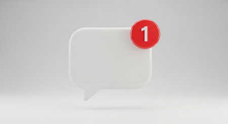 3d rendering of white speech bubble with one red button in white backgroundの素材