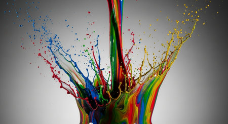 3d render of colorful paint splashes isolated on gray background.の素材