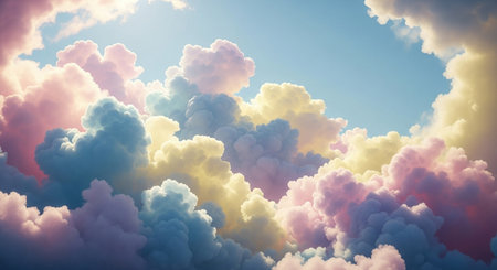 3D illustration of blue sky with white clouds in pastel colorsの素材