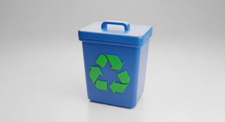 3D rendering of a blue recycle bin isolated in white studio backgroundの素材