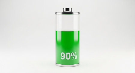 3d rendering of a green battery with 90 percent on white backgroundの素材