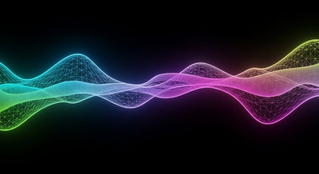3D rendering of a multi-colored neon waves on a dark backgroundの素材
